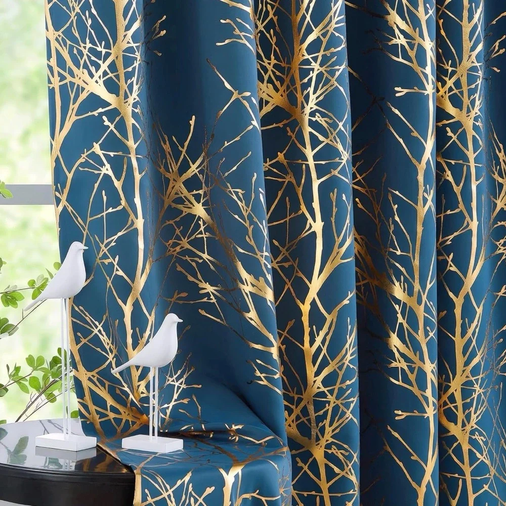 Dark Blue & Gold Foil Branch Window Curtains
